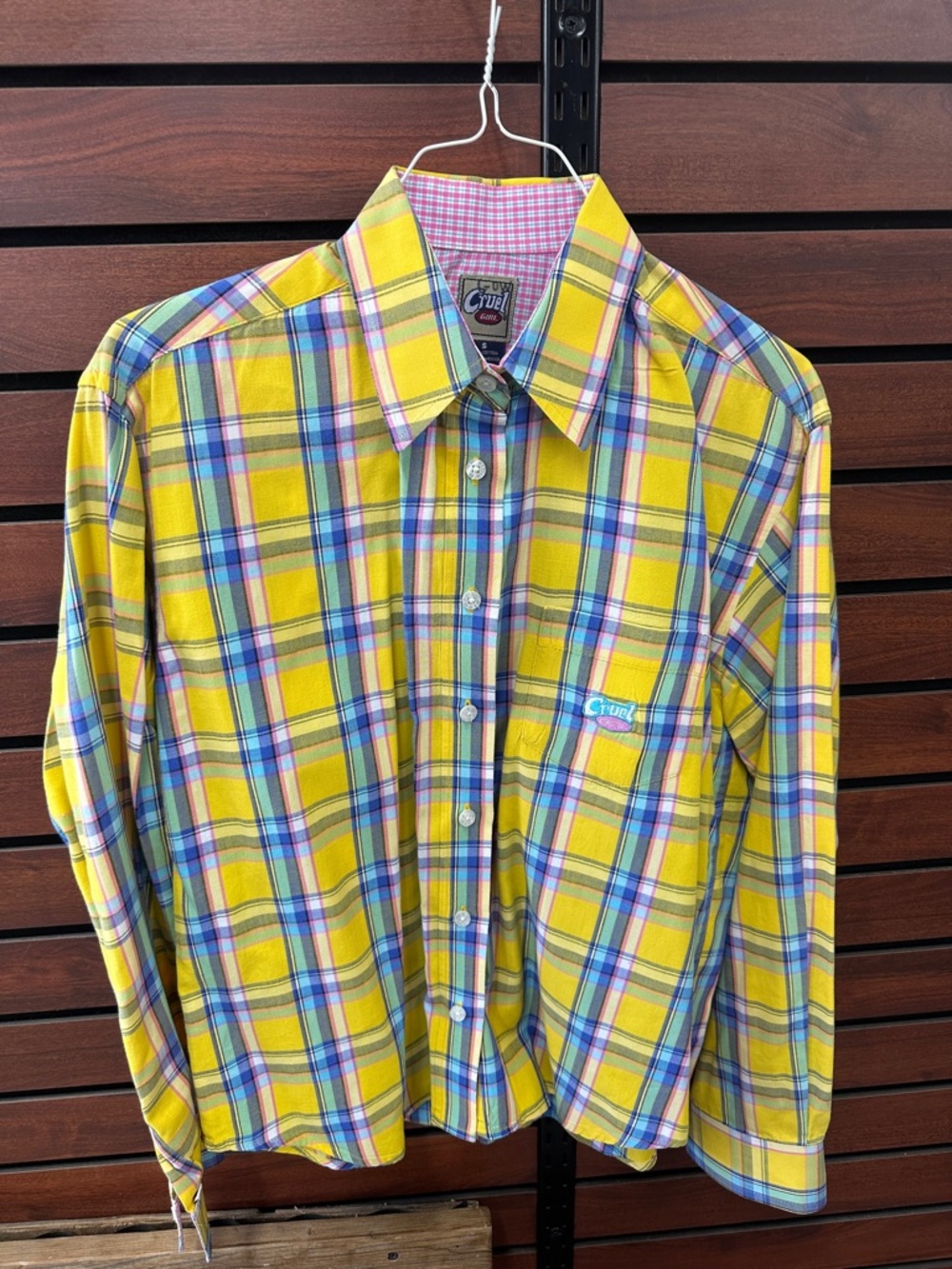 Cruel Girl Yellow Plaid Button-Down Shirt with Blue and Pink Accents